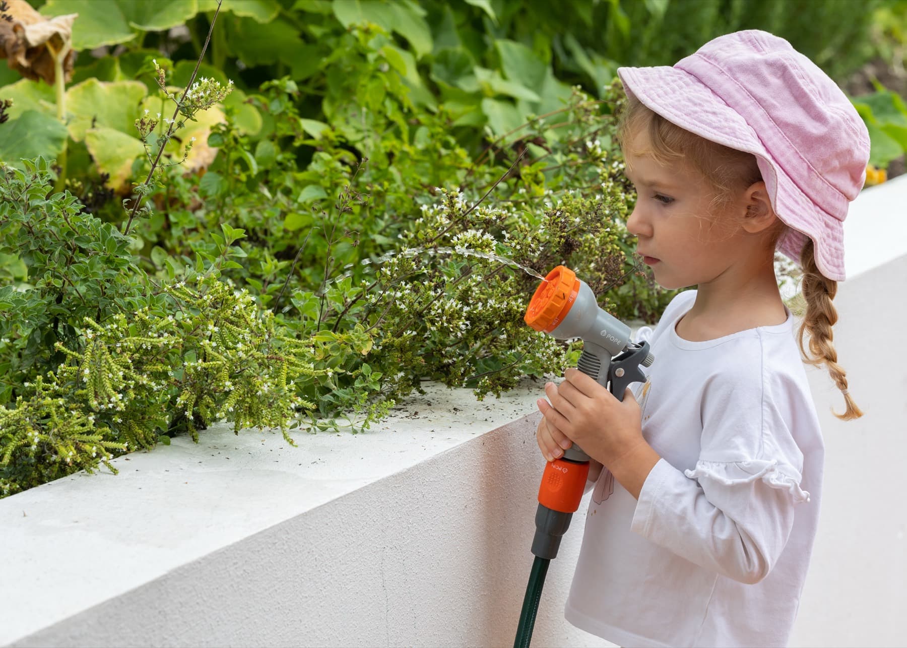 A child watering the garden beds